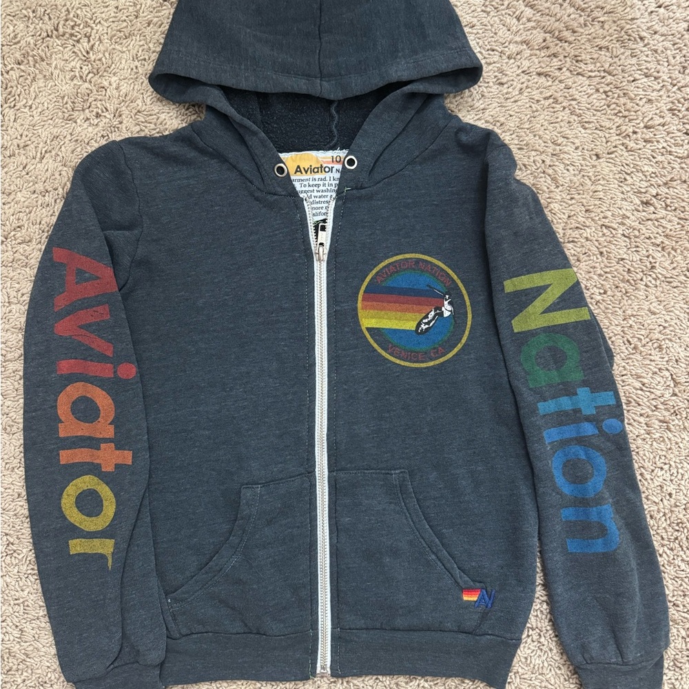 Aviator Nation Kids Hoodie - Charcoal with Rainbow Details